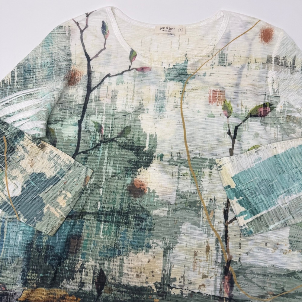 Jess & Jane Jasmine Artsy Sheer Hem Tunic Top Green Abstract Print Size Small